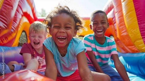 Amidst the warmth of a sunny summer day, a group of happy kids enjoy themselves on an inflatable bounce house, their laughter filling the air with pure joy and excitement photo