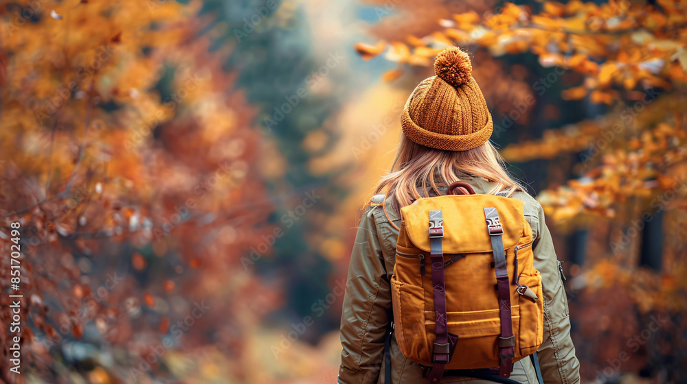 A woman with a backpack trekking through a picturesque autumn forest A woman with a backpack trekking through a picturesque autumn forest