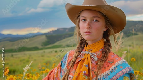 A vibrant portrait of an American teenage cowgirl adorned in colorful cowboy attire, set against a picturesque nature landscape, exuding the spirit of adventure and freedom photo