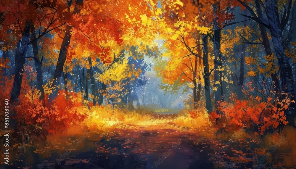 enchanting autumn forest at night with spectacular fall foliage digital painting enchanting autumn forest at night with spectacular fall foliage digital painting