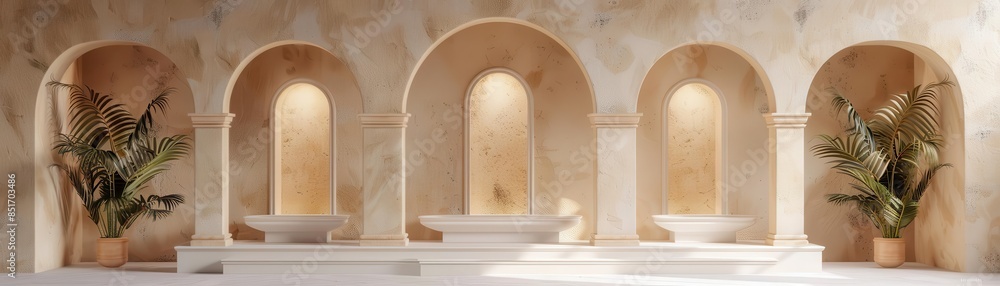 A simple white 3D pedestal, placed against a clear background with gently arched palm leaves, offering a sophisticated yet natural stage for cosmetic or fashion presentation A simple white 3D pedestal, placed against a clear background with gently arched palm leaves, offering a sophisticated yet natural stage for cosmetic or fashion presentation