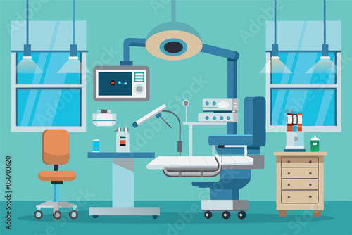 illustration of a dental office. In the center is a dental chair with overhead light, on the right is a small cabinet with drawers. Atmosphere of painless toothache treatment