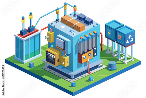 electrical substation. High-voltage insulators, transformers and power lines are visible. the theme of electricity distribution and energy infrastructure. a sense of order and stability,