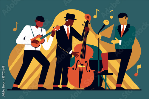 a jazz band consisting of: a drummer, a double bassist, a guitarist and a singer. They are performing on an indoor stage with lighting to create the atmosphere of an evening concert.