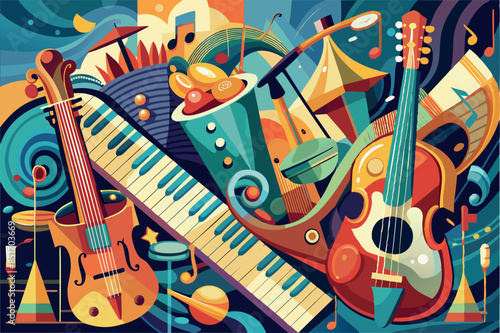 illustration of a jazz ensemble of musicians.  This image conveys the energy of live jazz music through its dynamic composition and use of bright colors.