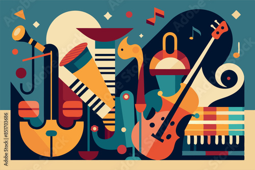 illustration of a jazz ensemble of musicians.  This image conveys the energy of live jazz music through its dynamic composition and use of bright colors.