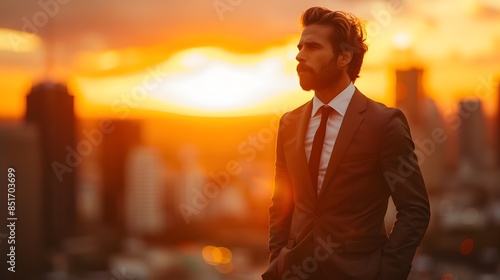 Sophisticated Gentleman in Tailored Suit at Sunset with City Skyline