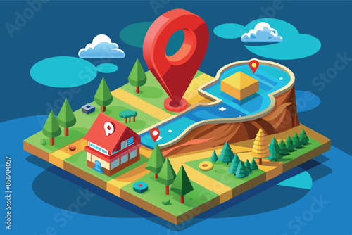 map in isometric view. It shows a landscape with various geographical elements such as a river, hills and trees. A larger marker may indicate a destination or point of interest. Navigate and search