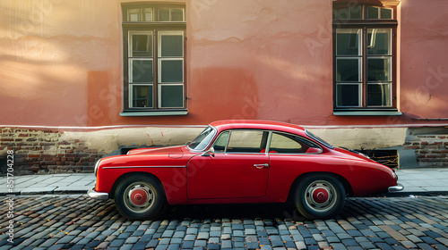 Vintage Classic Red Car on Cobblestone Street in Warm Retro Light with Long Shadows