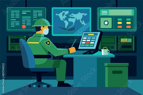 a uniformed operator working at a laptop computer behind a desk. The setting is a command center or control room, with various screens displaying maps and data in the background.