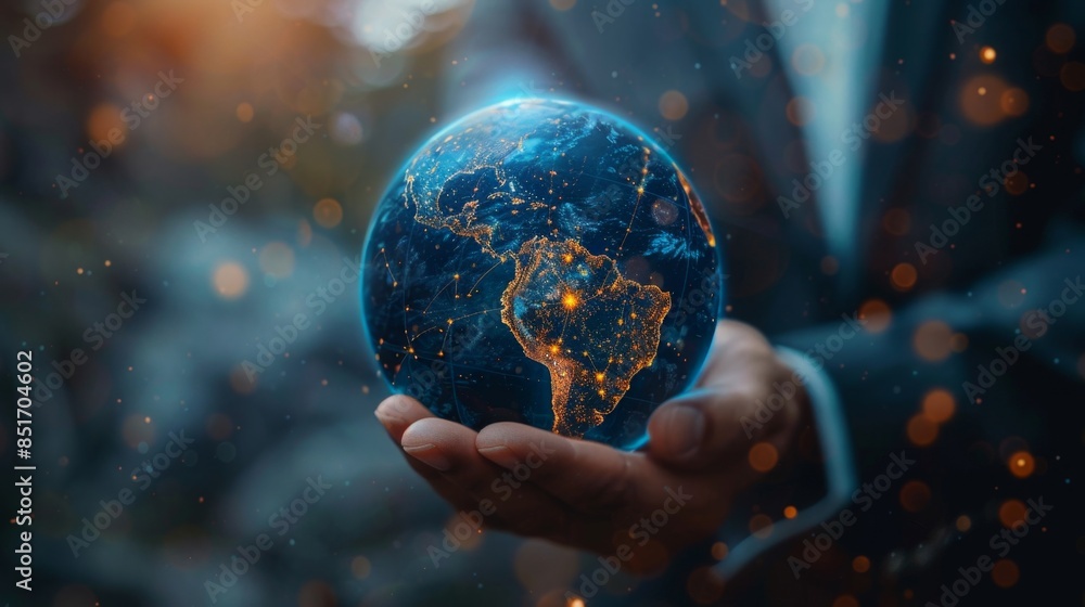 A businessman holds a blue glowing earth A businessman holds a blue glowing earth