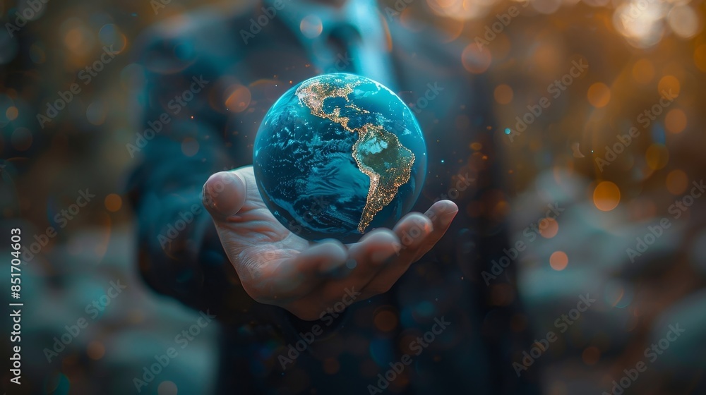 A businessman holds a blue glowing earth A businessman holds a blue glowing earth