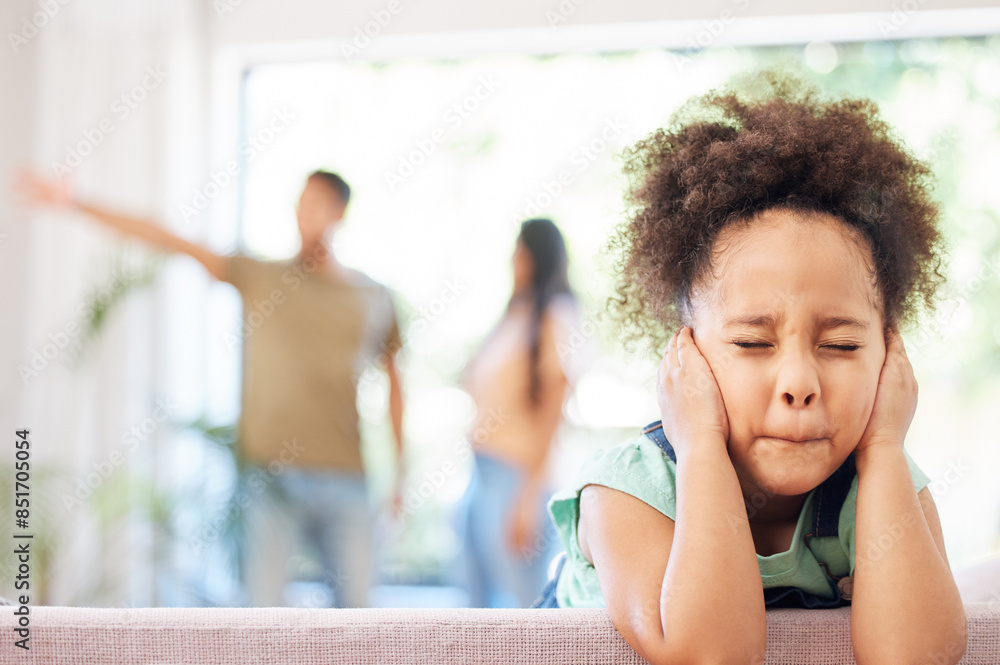 Parents Fight Cover, ears and child with parents fighting in home living room with ...