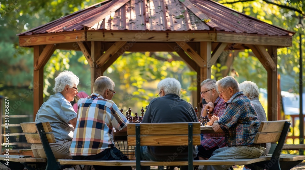 Seniors gathered under a gazebo, engaged in a friendly game of chess Seniors gathered under a gazebo, engaged in a friendly game of chess