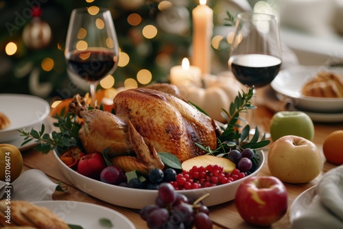 Festive Thanksgiving Dinner Table with Roasted Turkey. Bokeh background