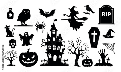 Collection of Halloween silhouettes. Haunted house, creepy tree, flying witch, pumpkins, halloween ghost, owl, coffin lid etc