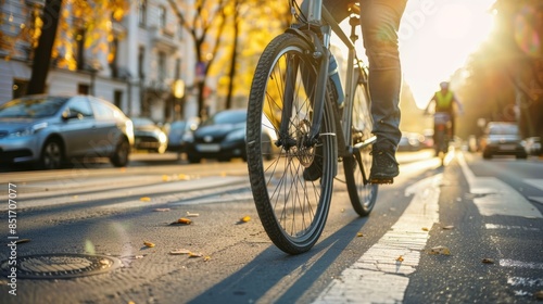 Urban Commuting: Cyclist Riding in City Bike Lane During Sunset © Ilia Nesolenyi