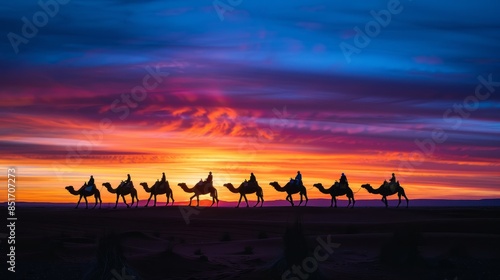 Camel Caravan Silhouette Against Desert Sunset, Tranquil Journey