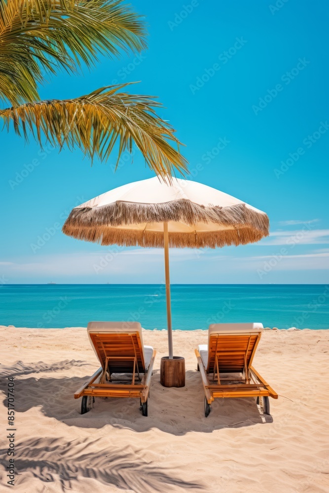 Fototapeta premium Ocean coast with palm trees, sun loungers, awnings. Summer holiday concept, summer resort, vertical