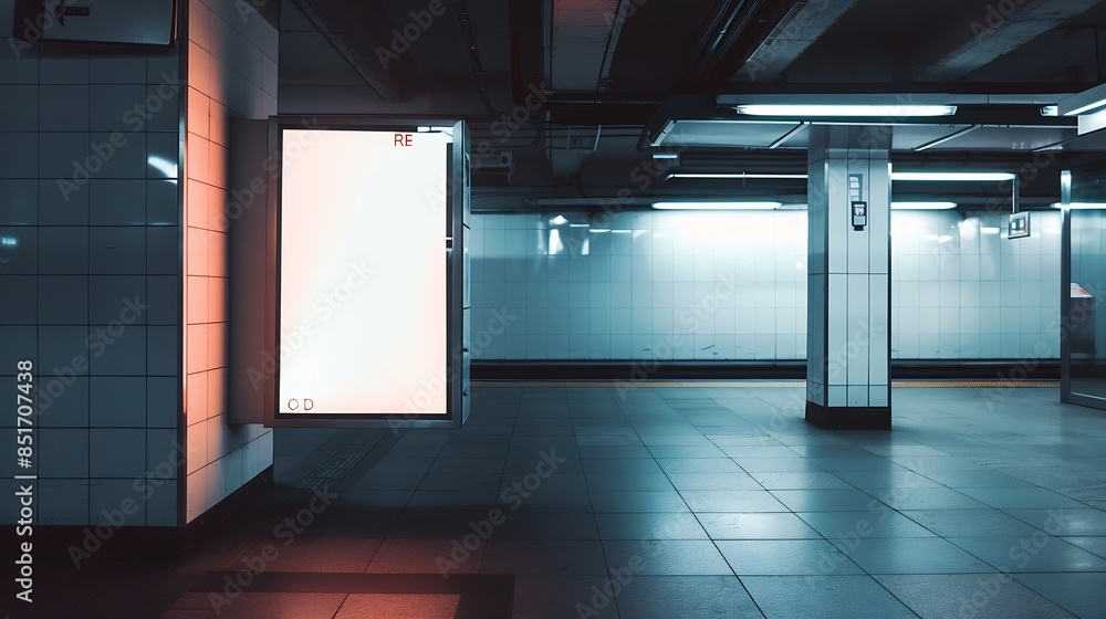 Fototapeta premium Two indoor outdoor city light mall shop template Blank billboard mock up in a subway station underground interior Urban light box inside advertisement metro airport vertical : Generative AI