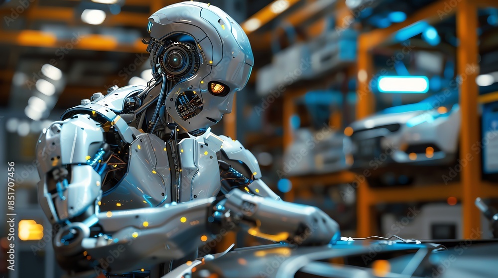 Fototapeta premium Realistic android robot mechanic repairing a car in a detailed garage, photorealistic human job activity, highdefinition tools and parts