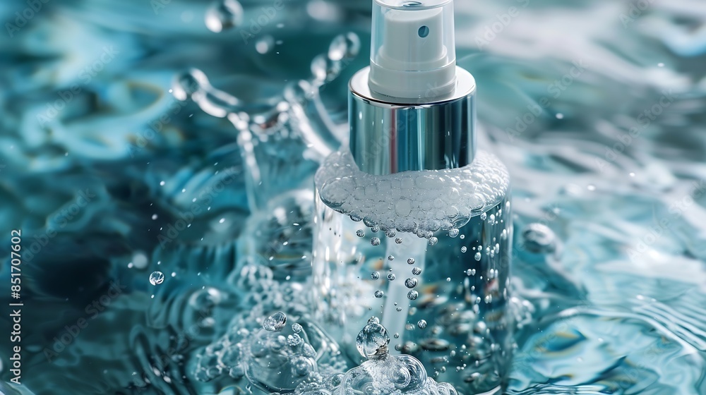 Cosmetics in a bottle in water skin hydration concept Hyaluronic acid Selective focus Nature : Generative AI Cosmetics in a bottle in water skin hydration concept Hyaluronic acid Selective focus Nature : Generative AI