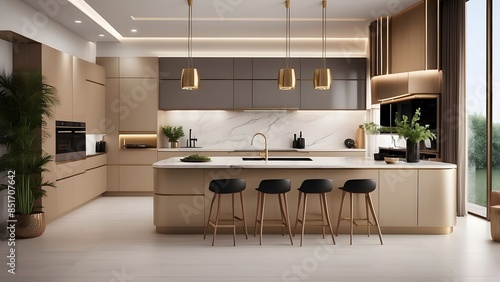 Modern minimalist modular kitchen interior design, light brown color theme home kitchen decor interior design 