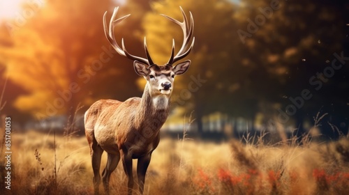 Graceful deer standing in a lush green forest, sunlight filtering through the trees, detailed fur and antlers.  © Tatiana