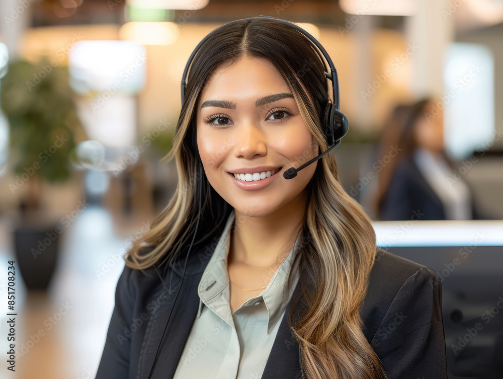 Confident customer service representative smiling. Portrait of a friendly customer service representative wearing a headset and smiling at the camera. Confident customer service representative smiling. Portrait of a friendly customer service representative wearing a headset and smiling at the camera.