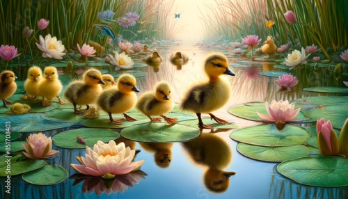 A magical scene of baby ducks waddling along the edge of a pond, with water lilies floating around. photo