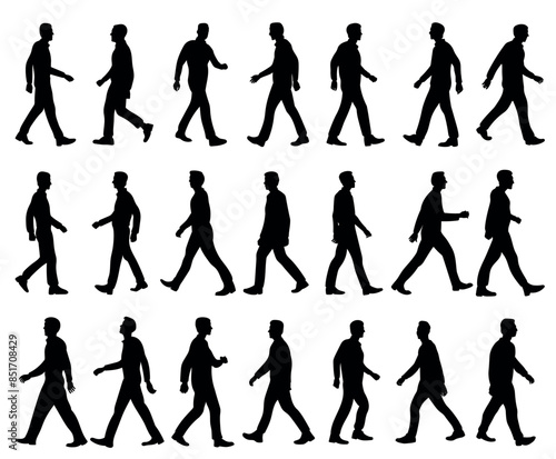 Set of vector illustrations of walking man silhouettes side view