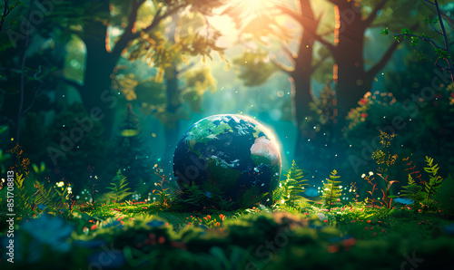 Earth globe in lush forest setting