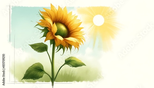 A simple sketch of a lone sunflower with exaggerated large petals and a bright sunny background.