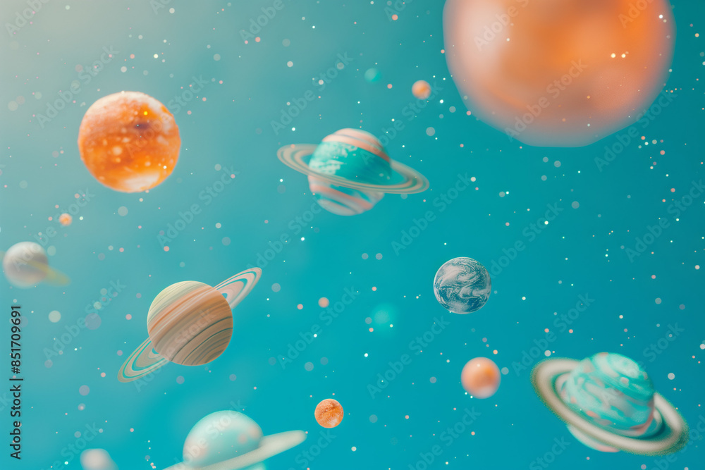 Naklejka premium Planets of the solar system. Planets on turquoise background. Space.