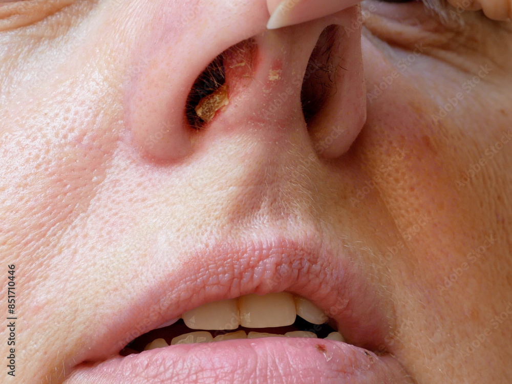 Fototapeta premium Herpes on the nose - middle-aged caucasian woman with herpes her on nose, Human Virus.