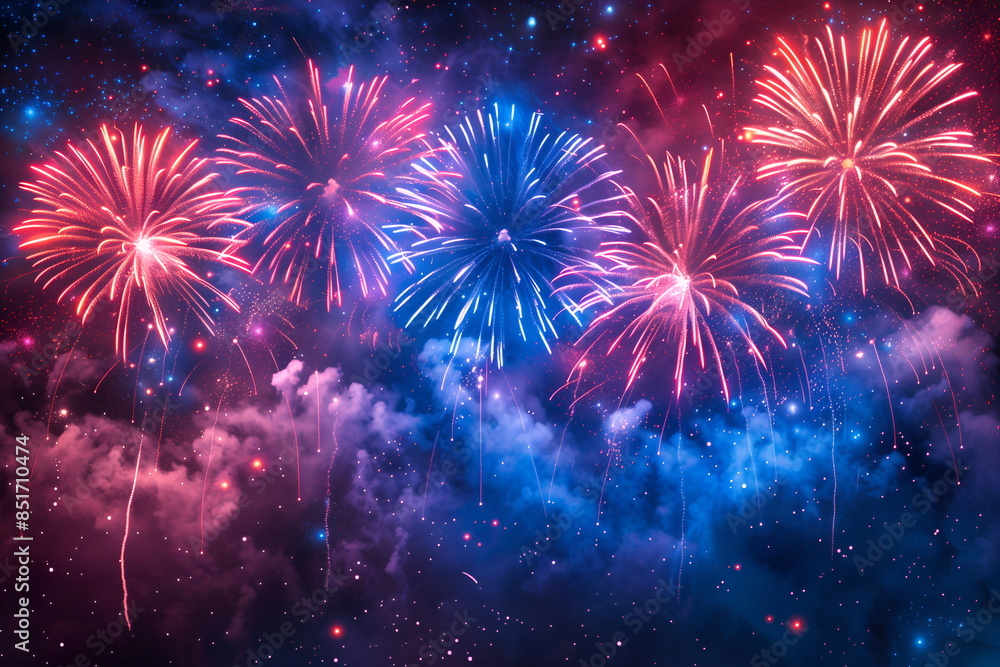 Festive fireworks with purple, blue and pink. Bright flashes and patterns of colorful fireworks light up night sky. Concept for festive celebrations and events for USA Independence Day Festive fireworks with purple, blue and pink. Bright flashes and patterns of colorful fireworks light up night sky. Concept for festive celebrations and events for USA Independence Day