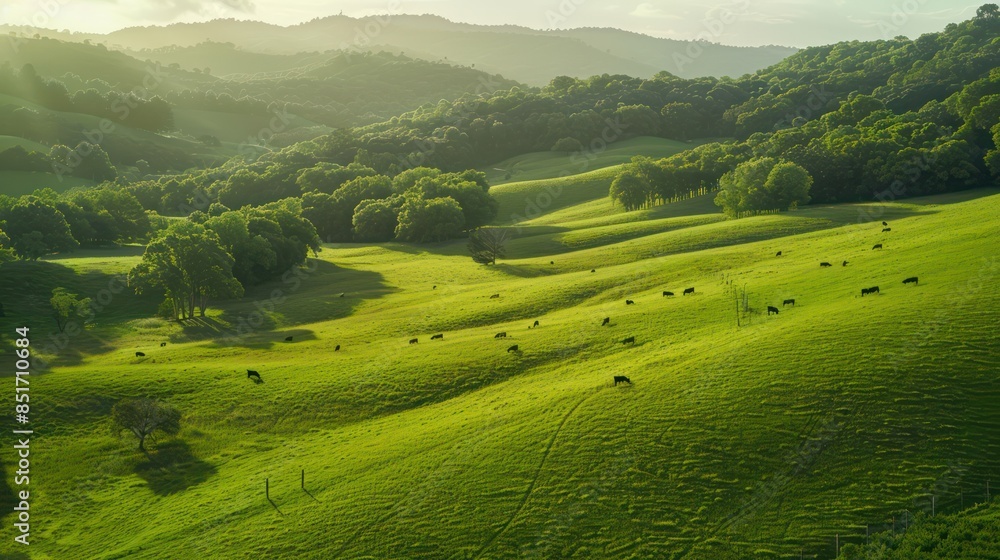 Fototapeta premium Green meadow under blue sky with clouds