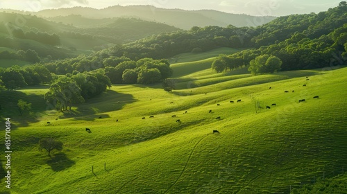 Green meadow under blue sky with clouds