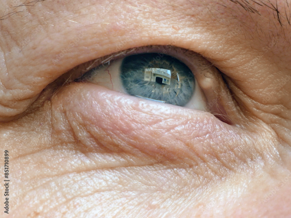 Fototapeta premium eyelid pimple macro close up. pimple near eye. hygiene problem. blockage of the sebaceous glands due to dry eyes.