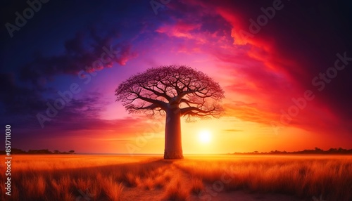 A single baobab tree in a savannah at sunset with a colorful sky. photo
