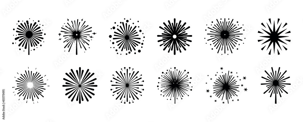 Set of fireworks isolated on a white background. Firework simple black line. Fireworks, stars, bursts, vector illustration set. different styles, sizes. Perfect for New Year, celebrations, holiday, Set of fireworks isolated on a white background. Firework simple black line. Fireworks, stars, bursts, vector illustration set. different styles, sizes. Perfect for New Year, celebrations, holiday,