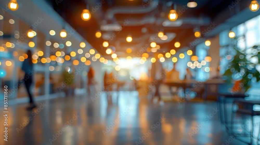 Contemporary office space, blurred casualdressed employees, bokeh background, bright lighting, dynamic and bustling Contemporary office space, blurred casualdressed employees, bokeh background, bright lighting, dynamic and bustling