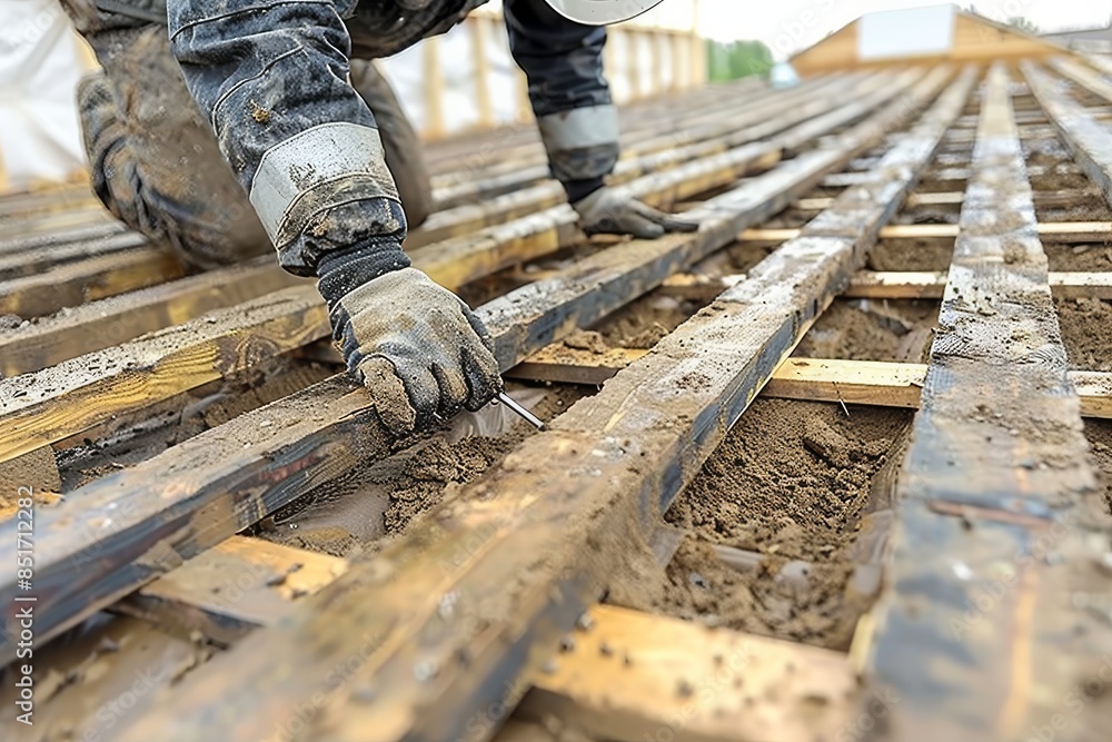 Construction Worker Installing Wooden Joists on a Roof Deck Construction Worker Installing Wooden Joists on a Roof Deck