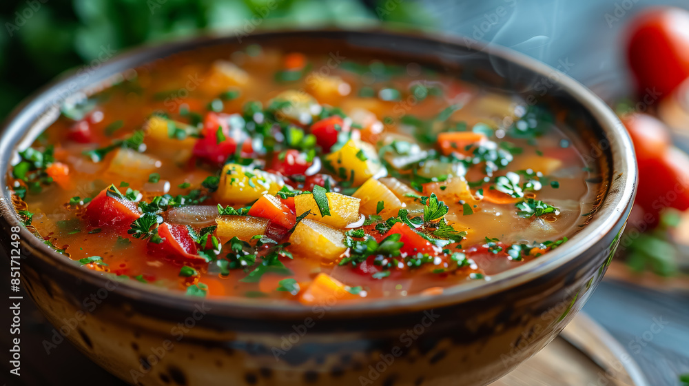 A bowl of soup with a variety of vegetables including carrots and peppers. The soup is hot and steam is rising from it A bowl of soup with a variety of vegetables including carrots and peppers. The soup is hot and steam is rising from it