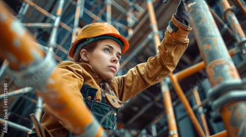Female Scaffold Builder at Work, Showcasing Strength and Skill © Ilia Nesolenyi