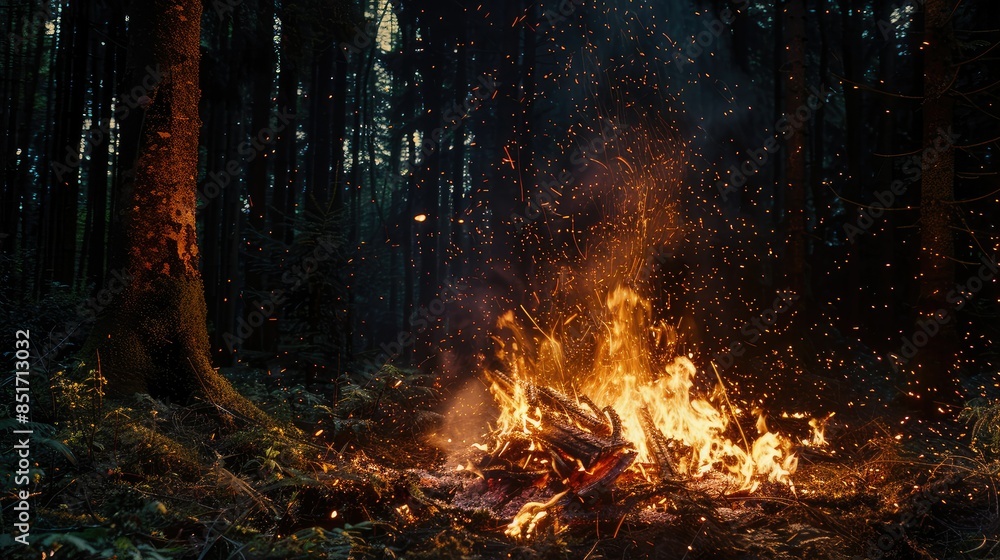 Nighttime forest with large fiery bonfire and sparking embers Nighttime forest with large fiery bonfire and sparking embers