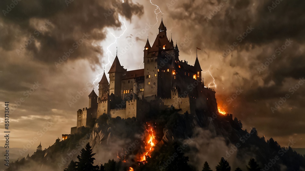 Mystical and spooky castle in the dark and in the fog A magical horror castle over the mountain, An ancient historical Dracula haunted castle horror castle for content Mystical and spooky castle in the dark and in the fog A magical horror castle over the mountain, An ancient historical Dracula haunted castle horror castle for content