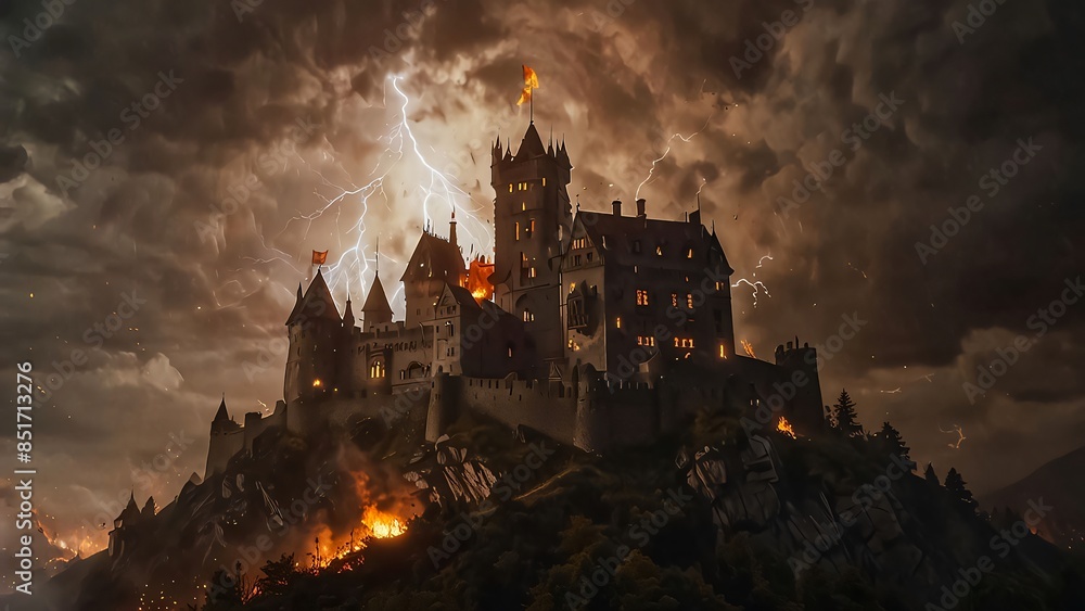 Fototapeta premium Mystical and spooky castle in the dark and in the fog A magical horror castle over the mountain, An ancient historical Dracula haunted castle horror castle for content