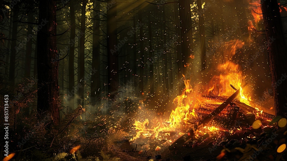 Nighttime forest with large fiery bonfire and sparking embers Nighttime forest with large fiery bonfire and sparking embers
