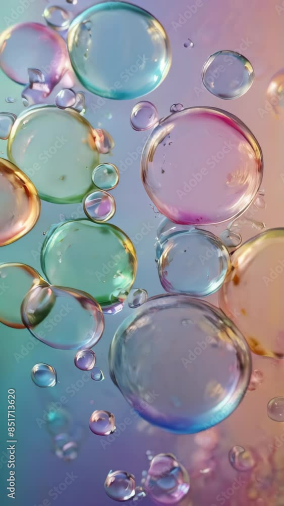 Soft and dreamy array of pastel-colored bubbles, including pink, blue, and yellow, float against a light gradient background. Vertical slow motion background Soft and dreamy array of pastel-colored bubbles, including pink, blue, and yellow, float against a light gradient background. Vertical slow motion background